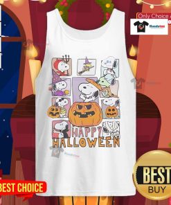 Happy Halloween Peanuts tank top featuring Snoopy as a pumpkin, ghost, witch, and devil for festive celebrations.
