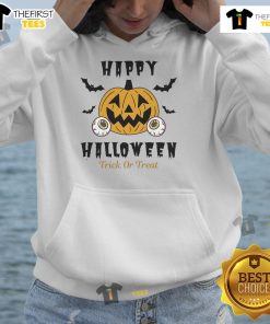 Alt Text: Happy Halloween Trick or Treat hoodie featuring a playful pumpkin with eyes, perfect for festive celebrations.