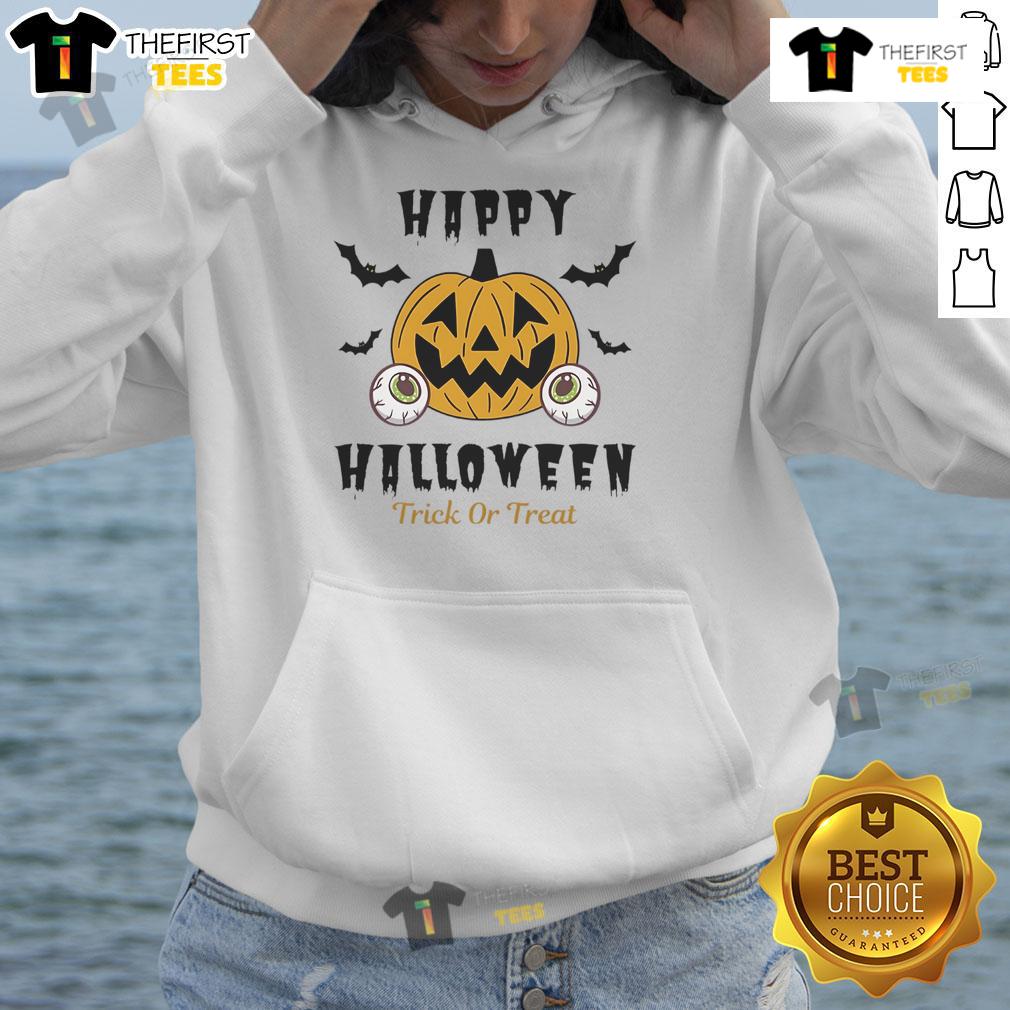 Happy Halloween Trick Or Treat Pumpkin Eyes Hoodie Alt Text: Happy Halloween Trick or Treat hoodie featuring a playful pumpkin with eyes, perfect for festive celebrations.