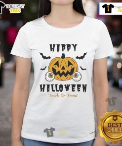 Happy Halloween Trick or Treat pumpkin eyes ladies tee featuring a fun and festive design for Halloween celebrations.
