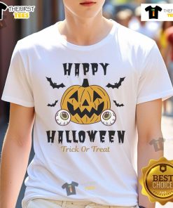 Happy Halloween Trick Or Treat T-Shirt featuring playful pumpkin eyes design, perfect for festive celebrations.