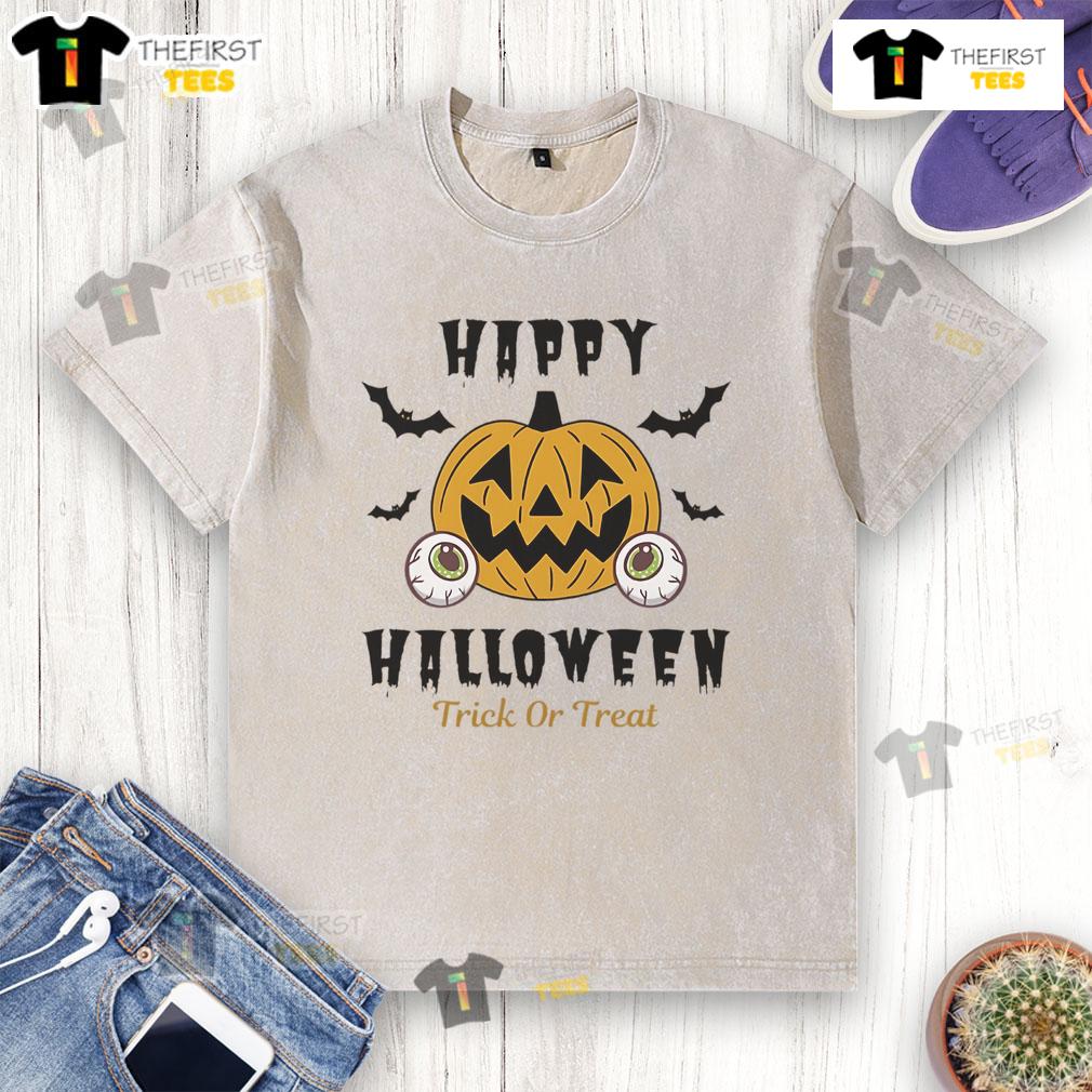 Happy Halloween Trick Or Treat Pumpkin Eyes Washed T Shirt Happy Halloween Trick or Treat pumpkin eyes design on a washed t-shirt, perfect for festive celebrations and spooky fun.