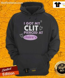 Happy person wearing 'I Got My Clit Pierced at Claries' hoodie, celebrating body positivity and self-expression.