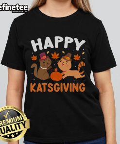 Alt Text: Happy Katsgiving Thanksgiving Pilgrim Cats Fall Ladies Tee featuring cute cats in festive outfits for the holiday.