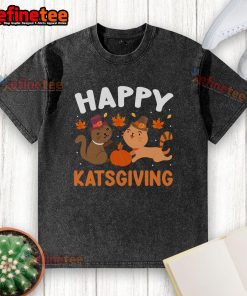 Happy Katsgiving Thanksgiving Pilgrim Cats on a fall-themed washed t-shirt, perfect for festive celebrations.