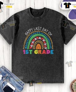 Happy Last Day of 1st Grade rainbow leopard design t-shirt for kids, perfect for celebrating the school year.