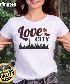 Happy Love in the City Skyline Ladies Tee featuring a vibrant cityscape design perfect for urban fashion lovers.
