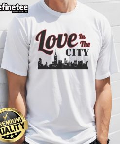 Alt Text: Happy Love In The City Skyline T-Shirt featuring a vibrant city skyline design and a joyful love theme.