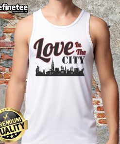 Happy Love in the City Skyline Tank Top featuring a vibrant cityscape design and a cheerful message, perfect for summer wear.