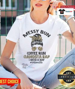 Mom wearing a leopard print tee with a messy bun, enjoying coffee while embracing gangsta rap lifestyle.