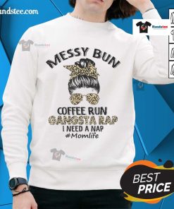 Mom with messy bun in leopard print sweatshirt enjoying coffee, embodying gangsta rap vibes and playful messy mom life.