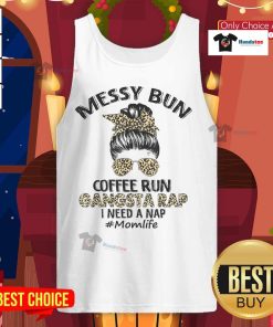 Mom with a messy bun in a leopard print tank top enjoying coffee, embodying the fun side of gangsta rap mom life.