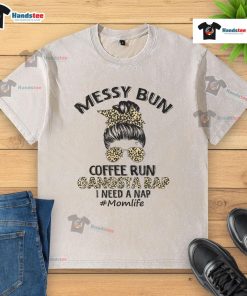 Mom in a leopard print tee with a messy bun, enjoying coffee, embodying happy gangsta rap mom life vibes.