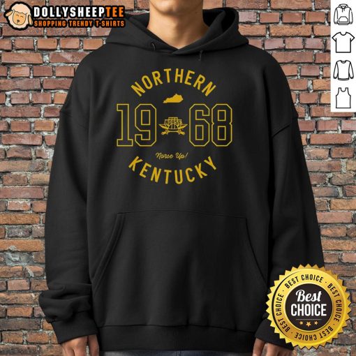 Happy student wearing a Northern Kentucky University Collegiate Circle hoodie, showcasing school spirit and style.