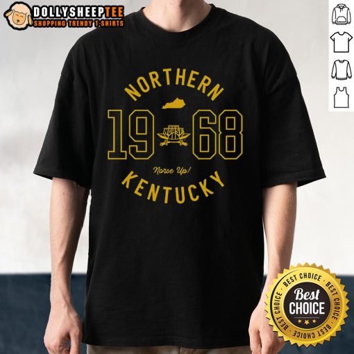 Alt Text: Happy student wearing a Northern Kentucky University Collegiate Circle T-Shirt, showcasing school spirit and pride.