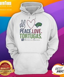 Happy Peace Love Tortugas brown hoodie featuring vibrant graphics, perfect for casual wear and turtle enthusiasts.