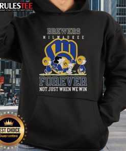 Alt Text: Happy Peanuts hoodie featuring Charlie Brown and Snoopy with Milwaukee Brewers logo - Forever, Not Just When We Win