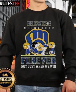 Happy Peanuts Charlie Brown and Snoopy sweatshirt featuring Milwaukee Brewers Baseball, celebrating fandom beyond victories.