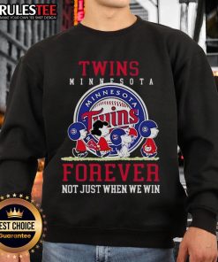 Happy Peanuts Charlie Brown and Snoopy in Minnesota Twins Baseball sweatshirt, celebrating fandom forever, not just wins.