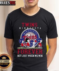 Alt Text: Happy Peanuts Charlie Brown and Snoopy in Minnesota Twins baseball t-shirt: 'Forever, Not Just When We Win'