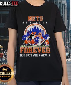 Happy Peanuts Charlie Brown and Snoopy New York Mets baseball tee for ladies, celebrating fandom beyond just winning.