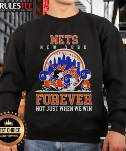 Happy Peanuts Charlie Brown and Snoopy in New York Mets sweatshirt celebrating baseball, 'Forever Not Just When We Win.'