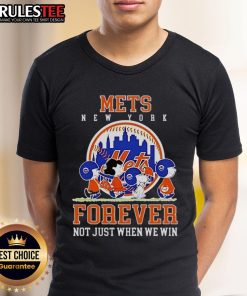 Happy Peanuts Charlie Brown and Snoopy New York Mets baseball shirt, celebrating fandom with 'Forever, Not Just When We Win' slogan.