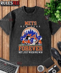 Happy Peanuts Charlie Brown and Snoopy in New York Mets baseball t-shirt, celebrating fandom all year round.