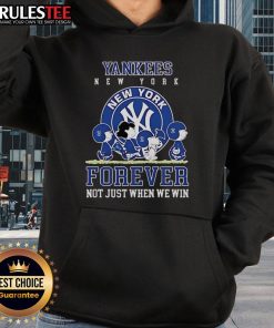 Happy Peanuts Charlie Brown and Snoopy in New York Yankees hoodie, celebrating baseball forever, not just when we win.