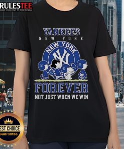 Happy Peanuts Charlie Brown and Snoopy in New York Yankees baseball tee: 'Forever, Not Just When We Win' design.