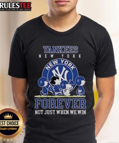 Happy Peanuts Charlie Brown and Snoopy in New York Yankees baseball t-shirt, celebrating fandom not just when they win.