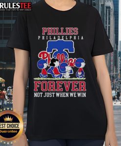 Happy Peanuts Charlie Brown and Snoopy in Philadelphia Phillies baseball tee celebrating fandom, 'Forever, Not Just When We Win.'
