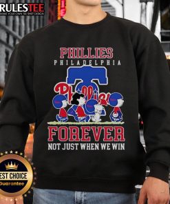 Alt Text: Happy Peanuts Charlie Brown and Snoopy in Philadelphia Phillies baseball sweatshirt - Forever, not just when we win.