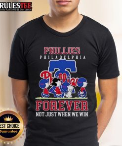 Happy Peanuts Charlie Brown and Snoopy on a Philadelphia Phillies Baseball Forever T-Shirt celebrating fandom.