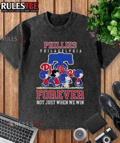 Happy Peanuts Charlie Brown and Snoopy on Philadelphia Phillies baseball t-shirt, 'Forever, Not Just When We Win' design.
