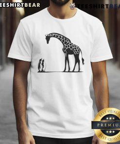 Alt Text: Happy Penguin and Giraffe Tall and Small T-Shirt featuring colorful cartoon designs for kids and animal lovers.
