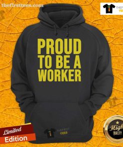 Happy worker wearing a 'Proud to Be a Worker' hoodie on Labour Day 2025, celebrating with joy and pride.