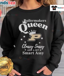 Alt Text: Happy Purdue Boilermakers sweatshirt featuring 'Classy, Sassy, and a Bit Smart Assy' design for fans.