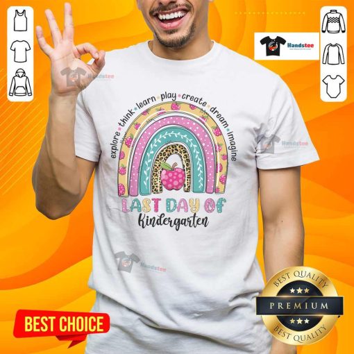 Happy rainbow last day of school kindergarten teacher and student t-shirt design celebrating graduation and friendship.