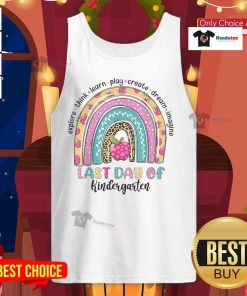 Happy rainbow last day of school kindergarten teacher and student wearing colorful tank tops celebrating graduation.