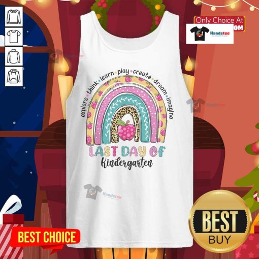 Happy rainbow last day of school kindergarten teacher and student wearing colorful tank tops celebrating graduation.