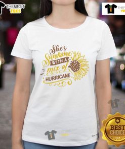 Happy She's Sunshine with a Mix of Hurricane Sunflower Ladies Tee, showcasing vibrant sunflower graphics on a stylish t-shirt.