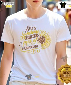 Happy She's Sunshine with a mix of Hurricane sunflower t-shirt design featuring vibrant sunflowers and cheerful colors.