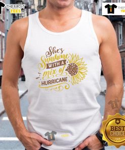 Happy She's Sunshine with a Mix of Hurricane Sunflower tank top, featuring vibrant sunflowers and a cheerful design.