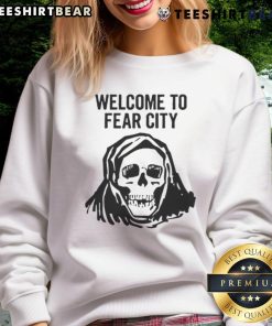 Happy Skull Welcome to Fear City Sweatshirt featuring a playful skull design, perfect for Halloween and casual wear.