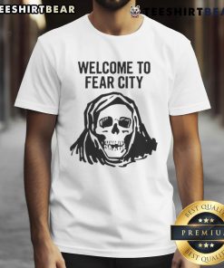 Alt Text: Happy Skull Welcome To Fear City T-Shirt design featuring a cheerful skull graphic on a black background.