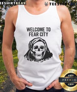Happy Skull graphic on a tank top, featuring 'Welcome to Fear City' for a fun, edgy summer look.