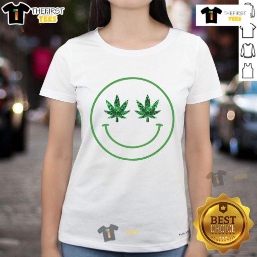 Happy women wearing cannabis-themed tees, showcasing joy and style in the Happy Smile Cannabis Ladies Tee collection.