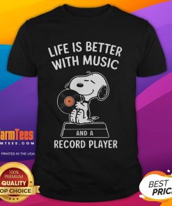 Alt Text: Happy Snoopy wearing a 'Life Is Better With Music' T-shirt, featuring a vintage record player design.
