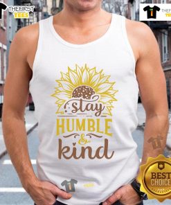Happy Stay Humble and Kind Sunflower Tank Top featuring a vibrant sunflower design, perfect for casual wear.